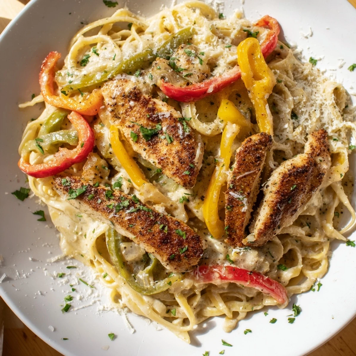 Creamy Cajun Chicken Alfredo with Bell Peppers tossed with fettuccine.
