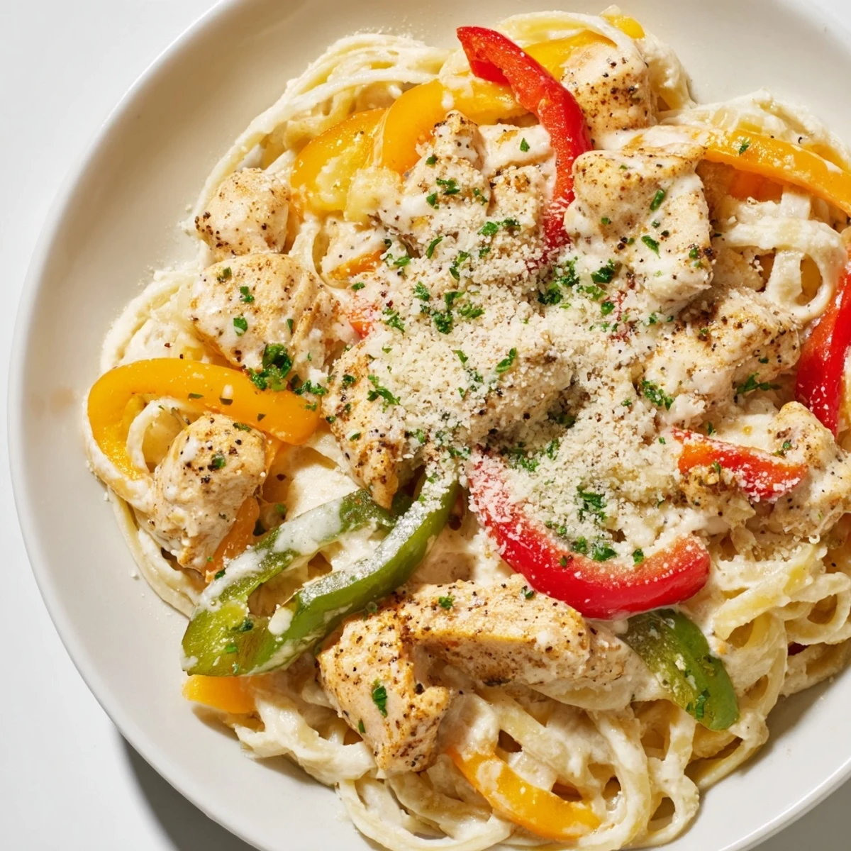 Fork tender Cajun Chicken Alfredo with Bell Peppers served with garlic bread.
