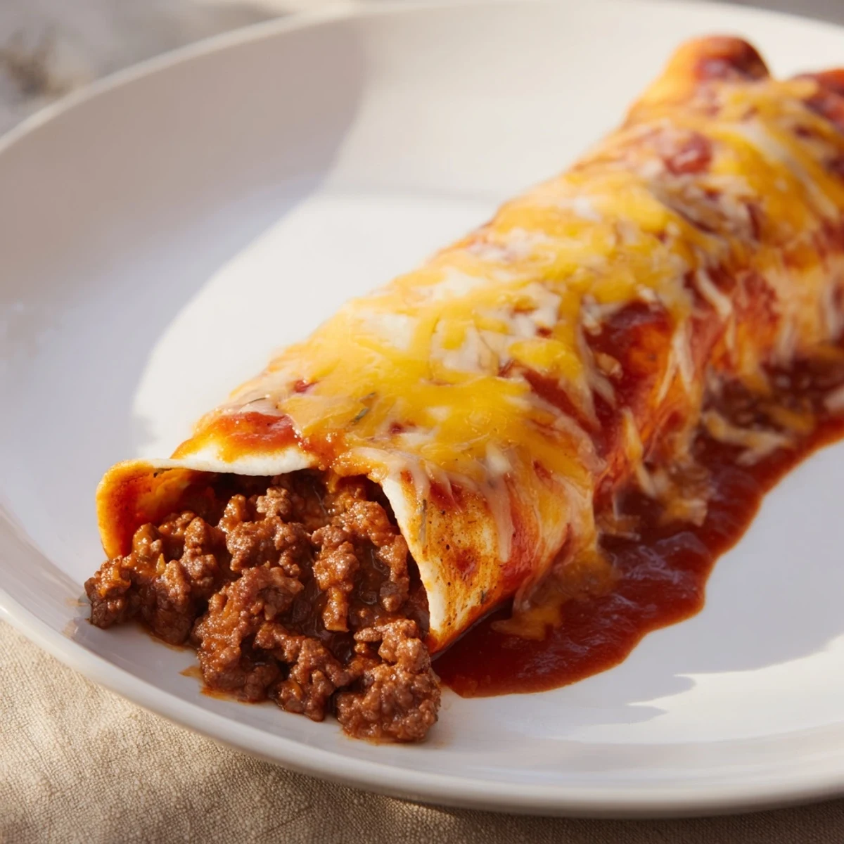 Freshly baked Beef Enchiladas with Red Sauce and Cheese bubbling in a 9x13-inch dish, garnished with cilantro and a dollop of sour cream.
