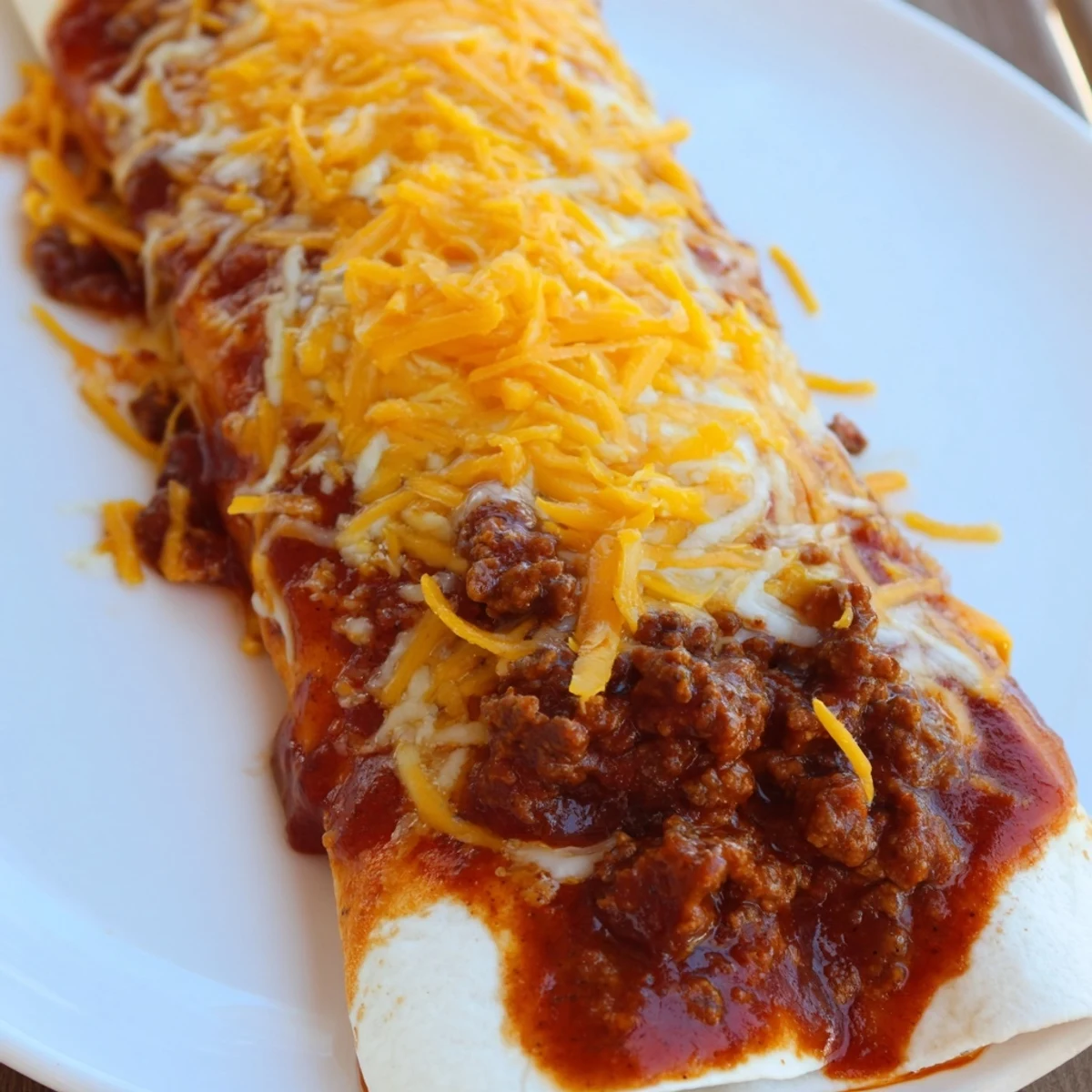 Golden-brown melted cheddar and Monterey Jack cheese coats these saucy Beef Enchiladas with Red Sauce and Cheese, served hot for a family-style Mexican dinner.
