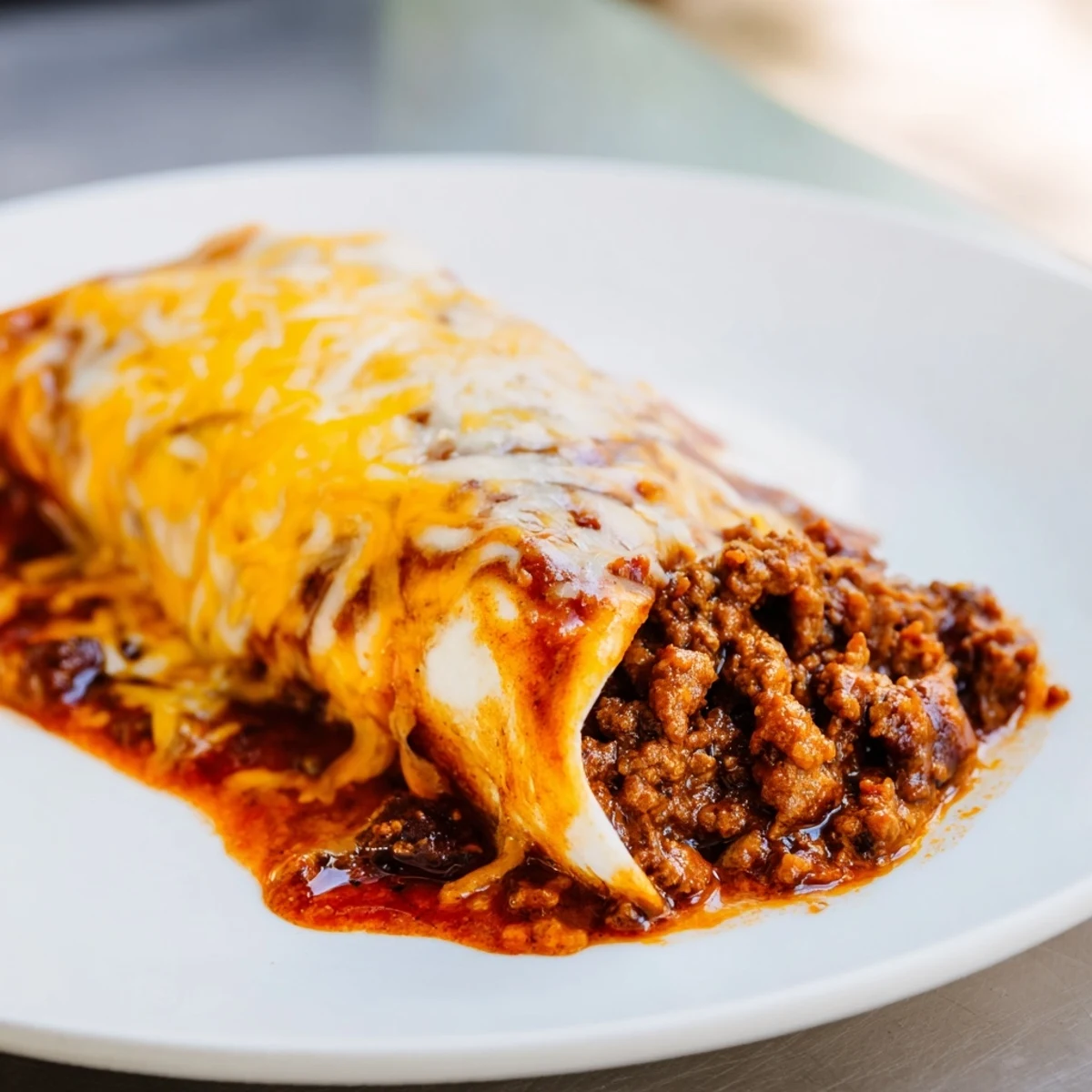 Warm flour tortillas stuffed with savory ground beef filling, smothered in homemade red enchilada sauce and topped with gooey melted cheese.