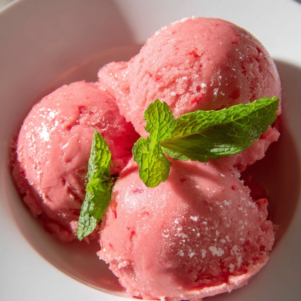 Bright pink Pink Lemonade Sorbet with fresh mint garnish in a chilled serving bowl, offering a tangy, icy treat for summer desserts.