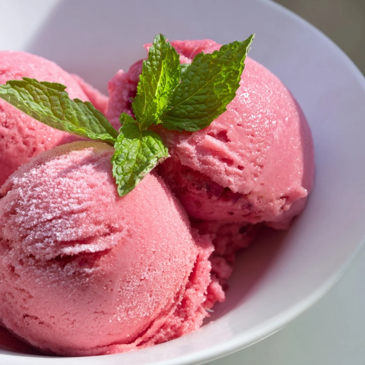 Scoops of Pink Lemonade Sorbet displayed beside lemon slices and mint sprigs, highlighting its homemade, vegan, and gluten-free frozen dessert appeal.