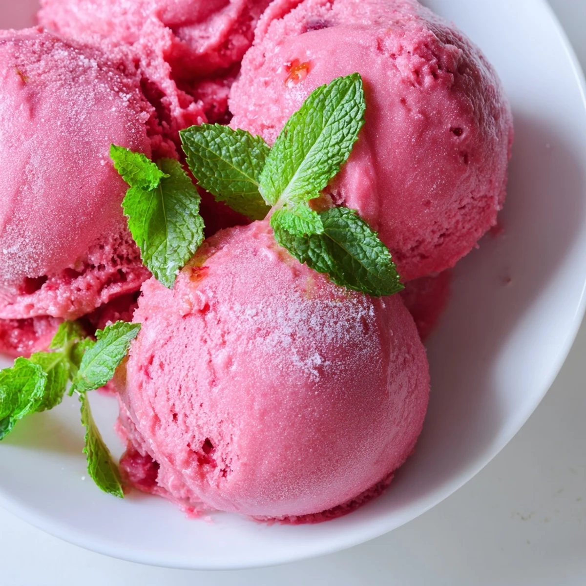 Clear glass bowl filled with vibrant Pink Lemonade Sorbet topped with fresh mint leaves, perfect for serving on hot summer afternoons.