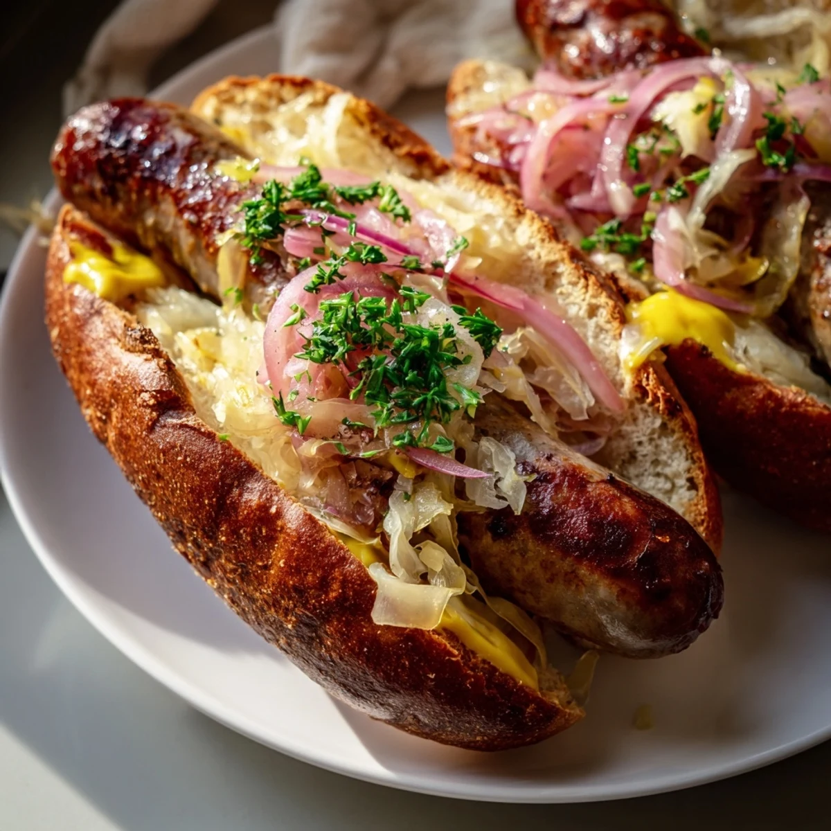 Close-up of Grilled Beef Brats with Sauerkraut, showcasing juicy bratwurst and golden-brown buns filled with tangy sauerkraut and mustard.