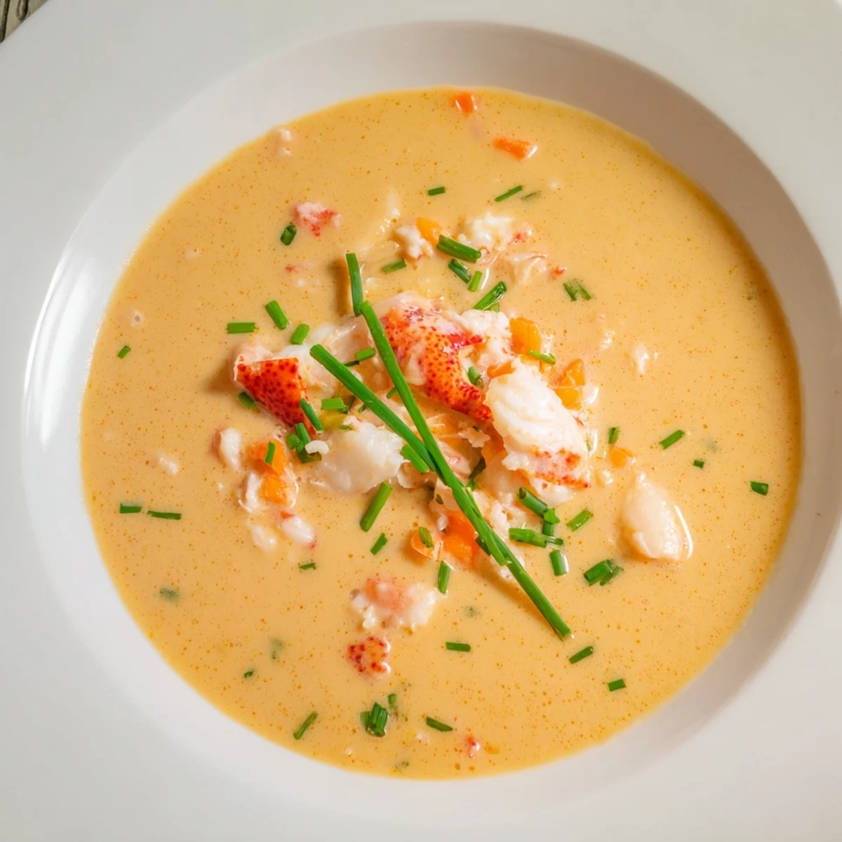 Creamy Lobster Bisque with Sherry Vinegar Substitute steams in a white bowl, garnished with fresh chives and tender lobster chunks for an elegant appetizer.