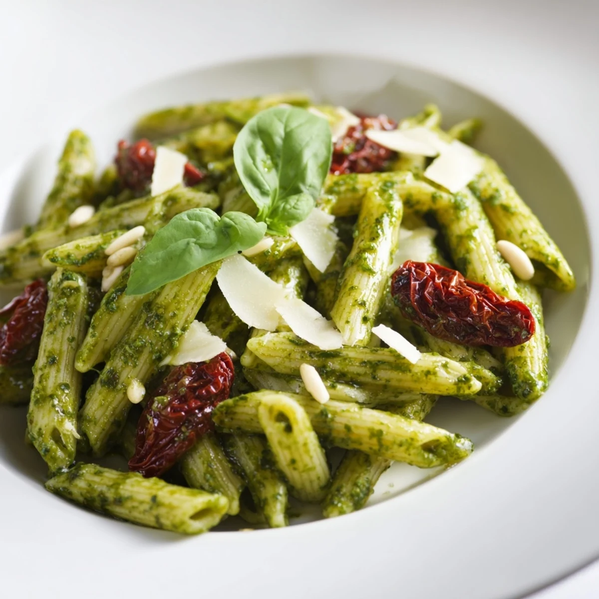 Creamy green pesto pasta with sun-dried tomatoes in a white bowl, garnished with fresh basil.