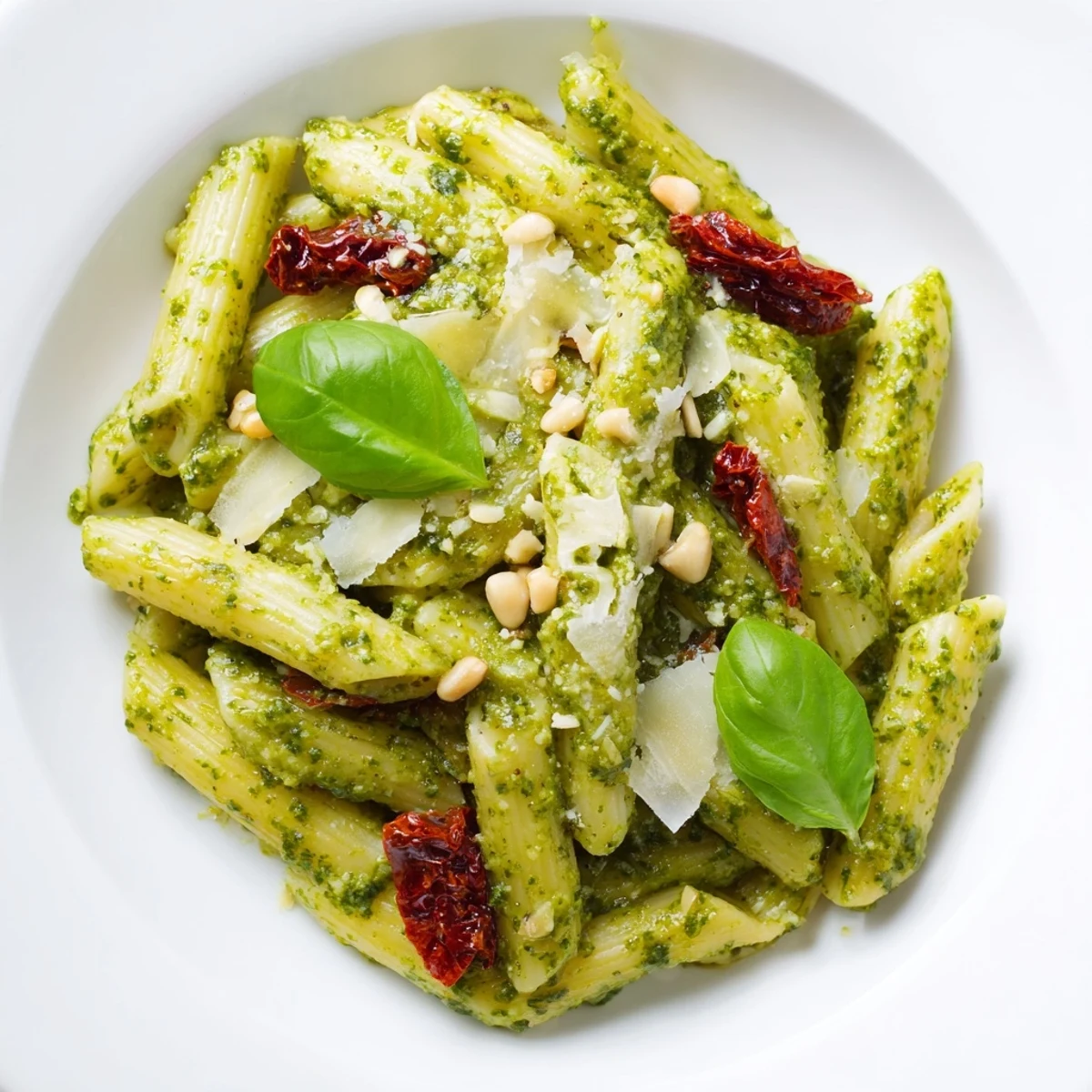 Green pesto pasta with sun-dried tomatoes tossed with pine nuts, served alongside crusty Italian bread.