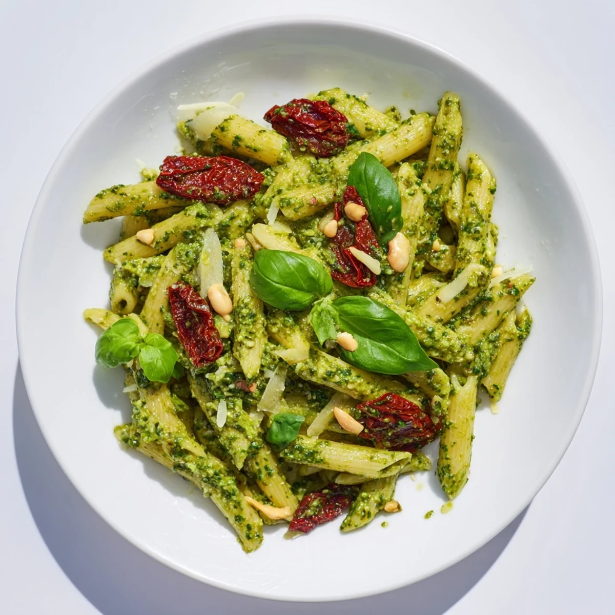 Close-up of green pesto pasta with sun-dried tomatoes, showing glossy sauce and freshly grated Parmesan.