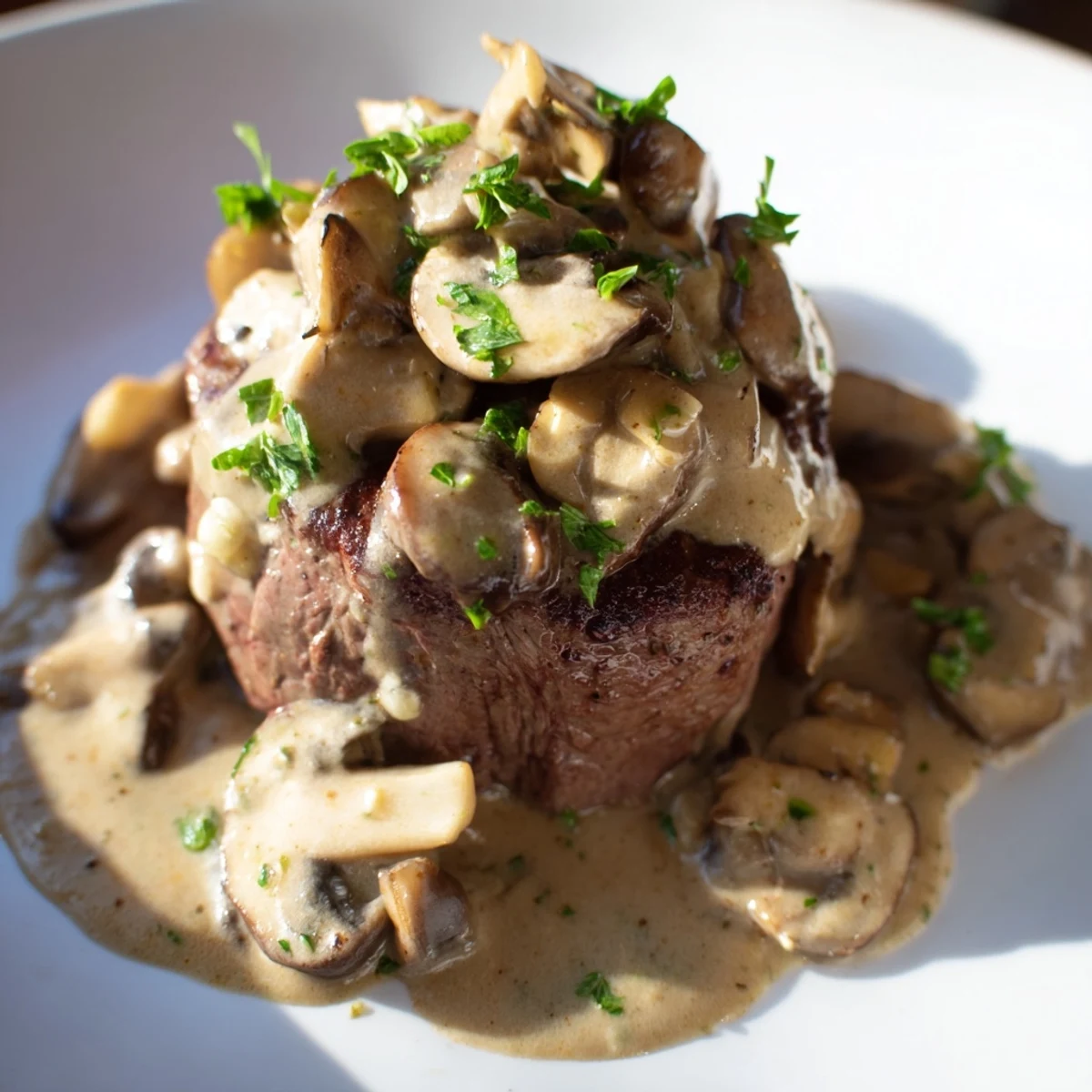 Pan-seared Steak Diane topped with rich, creamy mushroom sauce on a plate with mashed potatoes.