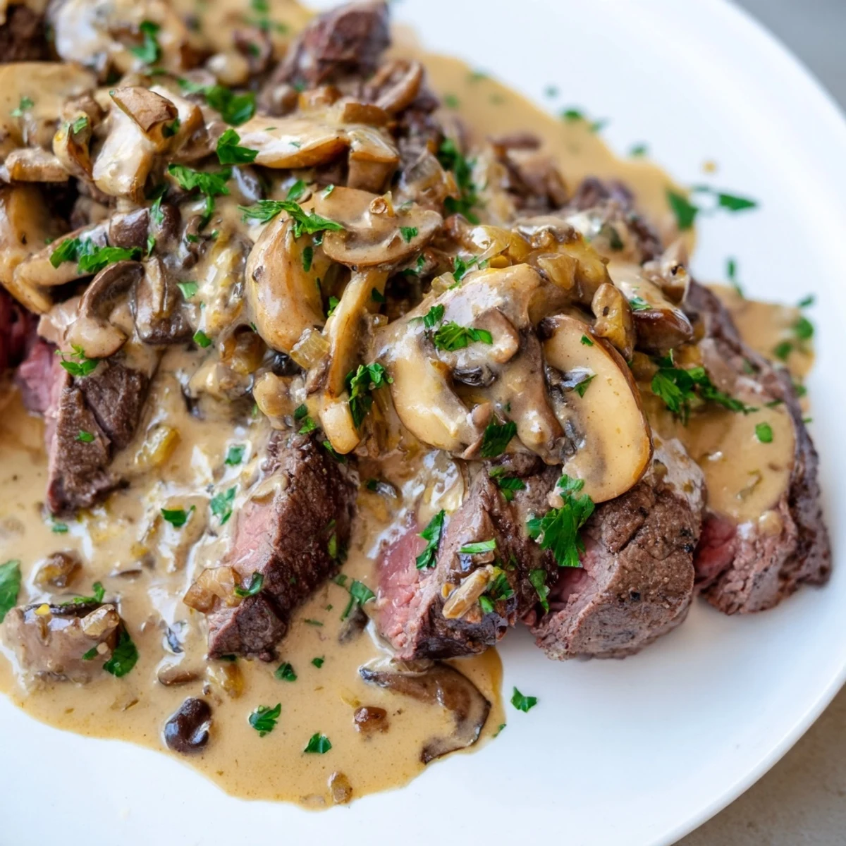 Steak Diane covered in glossy mushroom cream sauce served with asparagus and wine on a rustic table.