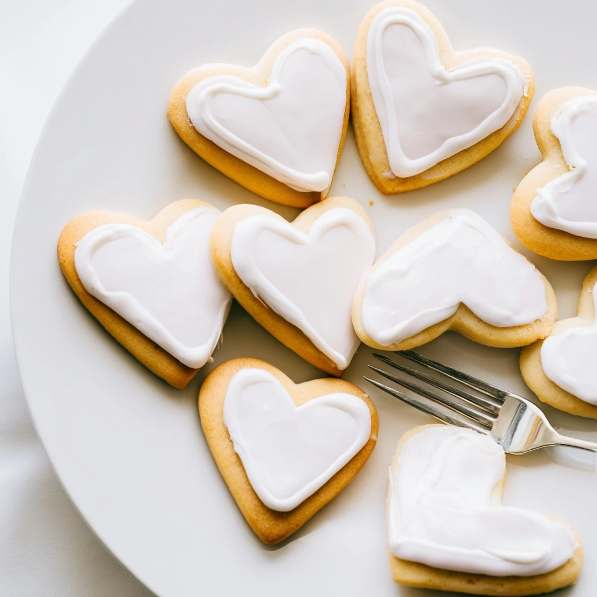 On a rustic wooden board, Heart Shaped Sugar Cookies with Royal Icing are stacked and ready for gifting, surrounded by festive sprinkles.