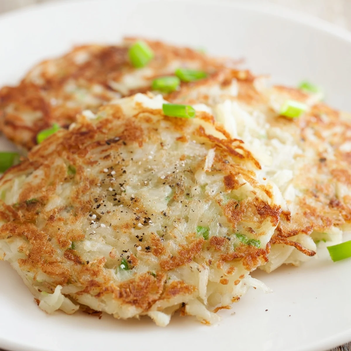 Creamy mashed and grated Irish Boxty Potato Pancakes with Scallions on a plate, garnished with fresh green onions and served with sour cream.