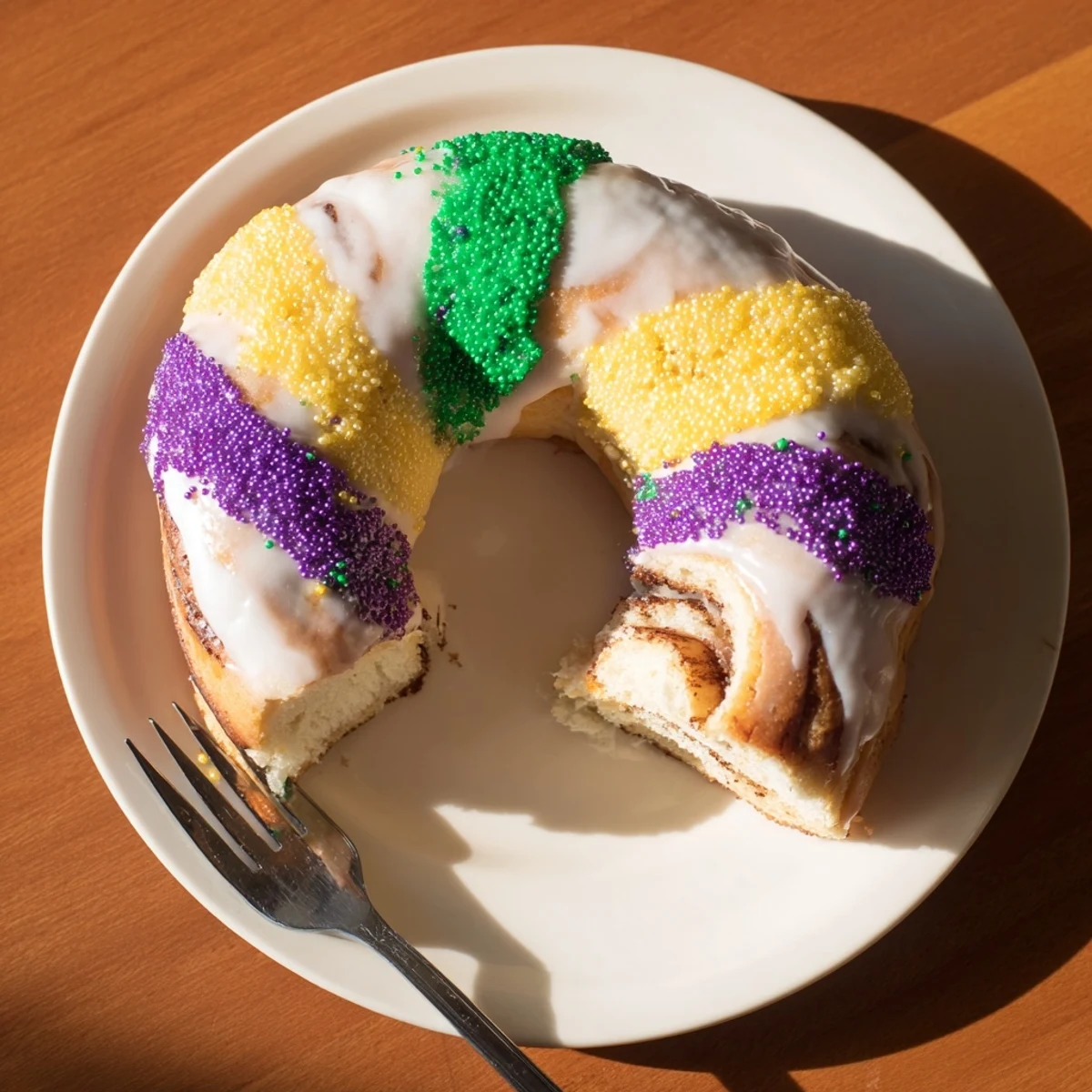 Freshly baked Mardi Gras King Cake with cinnamon swirl and colorful sugars on a plate.