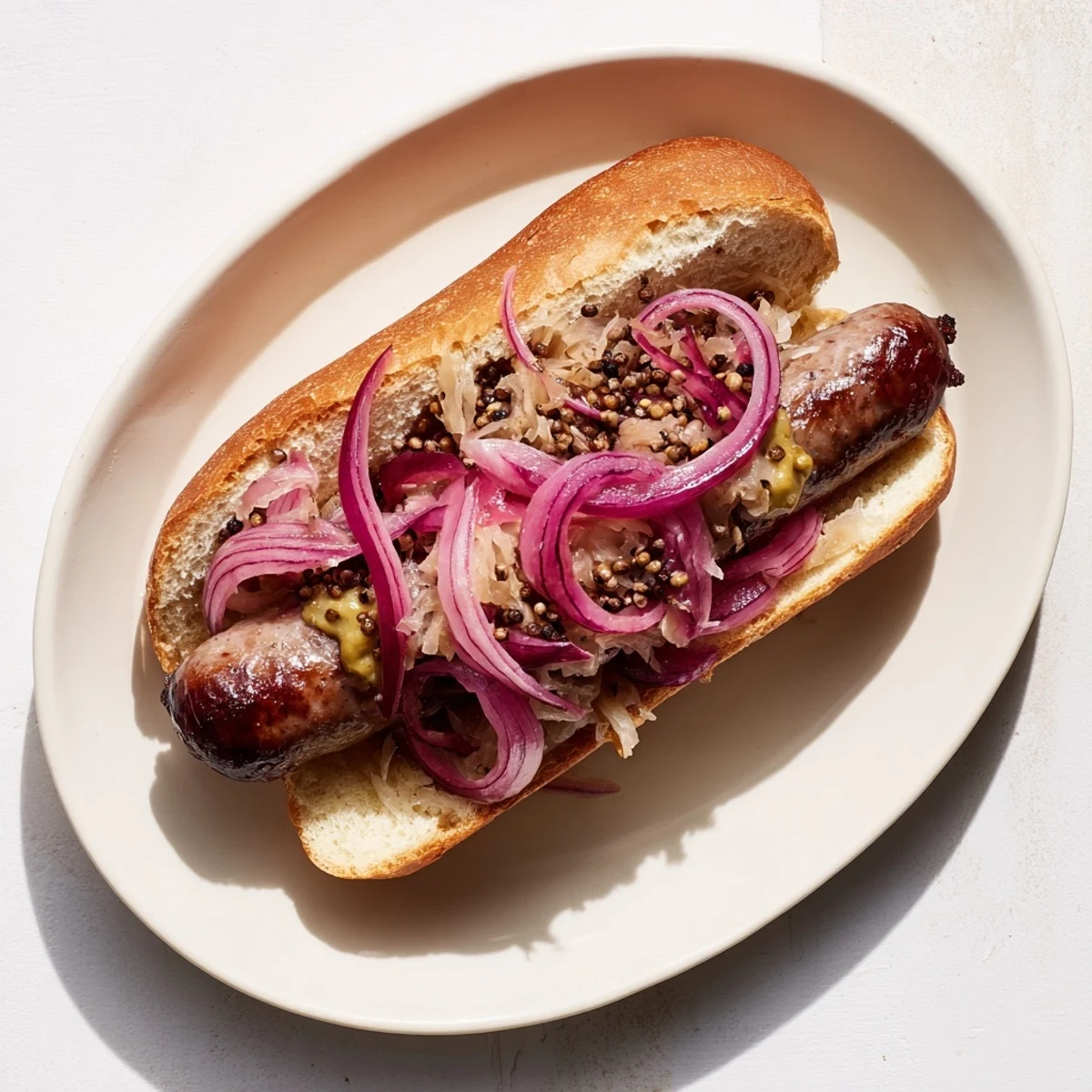Juicy grilled beef brats nestled in soft buns with tangy sauerkraut and robust mustard.
