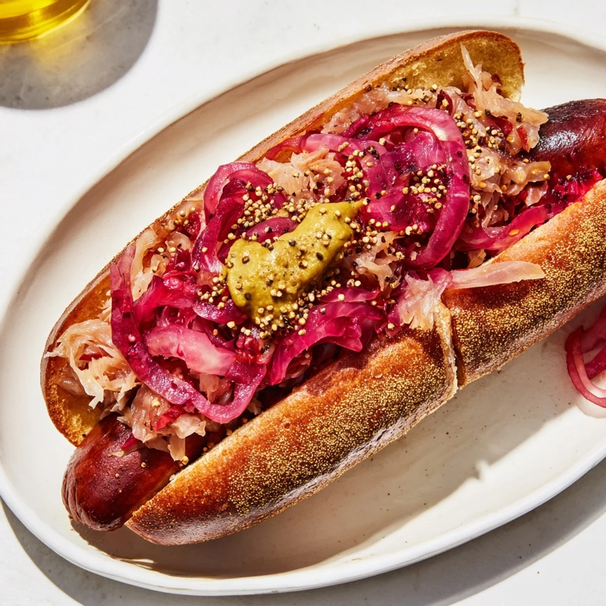 Sizzling beef bratwursts topped with crisp sauerkraut and grainy mustard in a toasted bun.