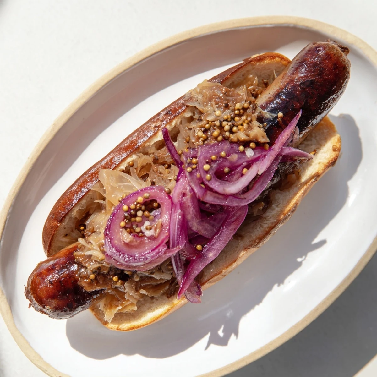 Grilled beef brats served hot with golden buns, sauerkraut, and mustard, perfect for a backyard cookout.