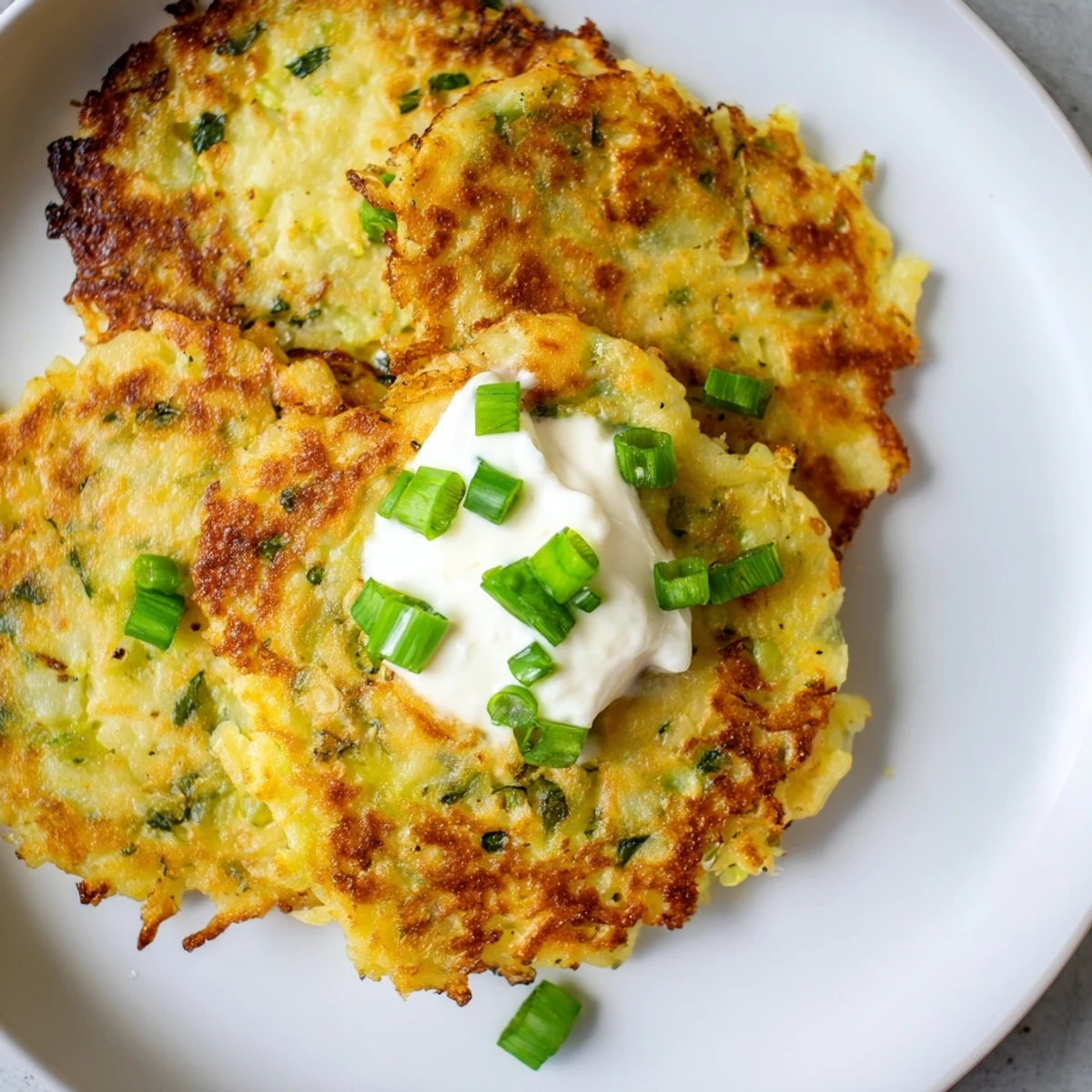 Two golden Irish Boxty Potato Pancakes topped with sour cream and fresh scallions on a rustic wooden serving plate.