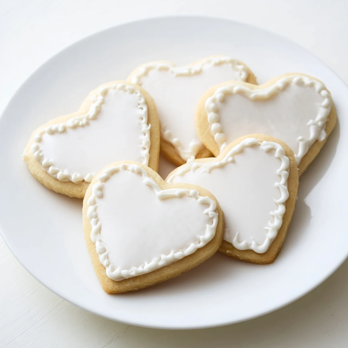 A close-up of finished Heart Shaped Sugar Cookies with Royal Icing, showing crisp white icing patterns on buttery golden cookies.