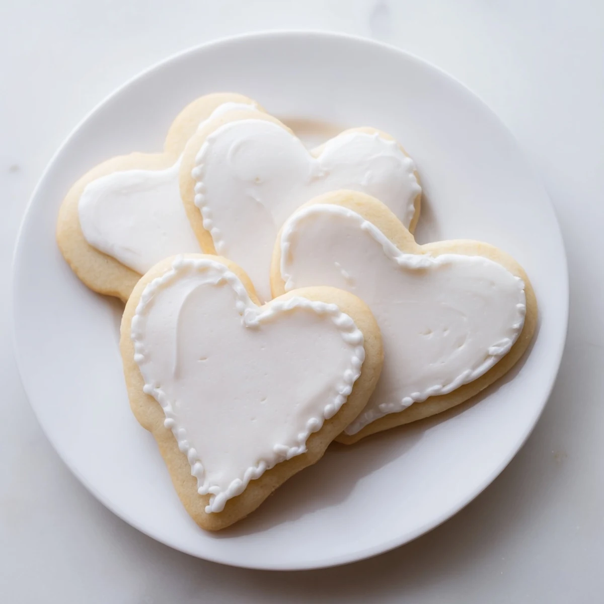 Vibrant Heart Shaped Sugar Cookies with Royal Icing, featuring glossy white icing and decorative piping, arranged on a rustic serving plate.