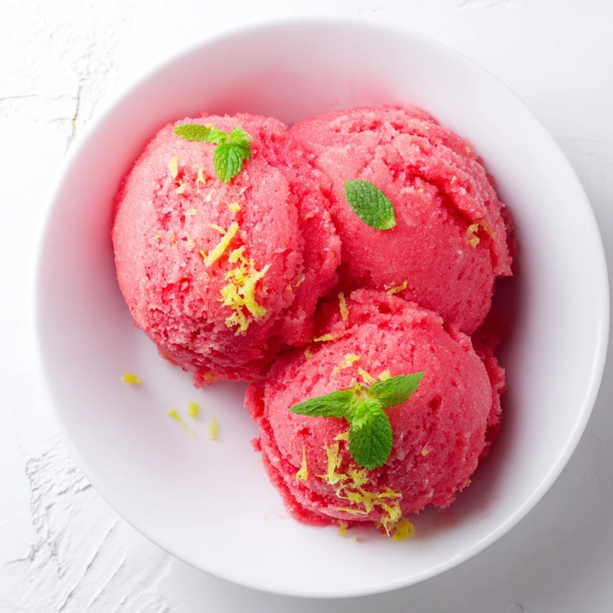 Scoops of vibrant pink lemonade sorbet garnished with fresh mint leaves in a chilled glass bowl, perfect for hot summer days.