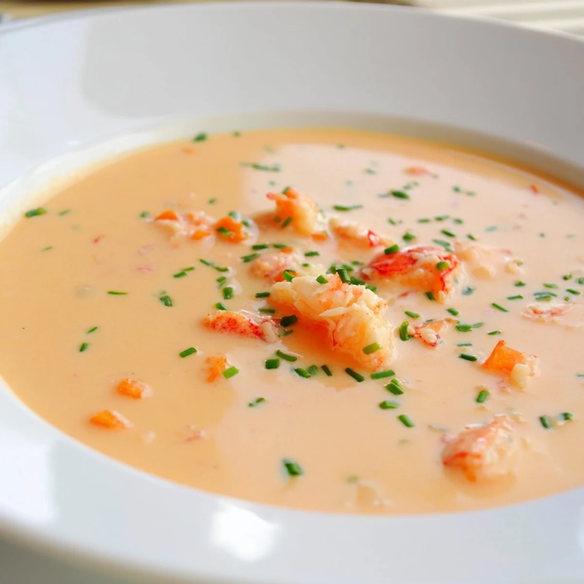 Rich Creamy Lobster Bisque with Sherry Vinegar Substitute showcases tender lobster meat and a creamy, orange-hued broth, ready to be enjoyed with a glass of chilled white wine.