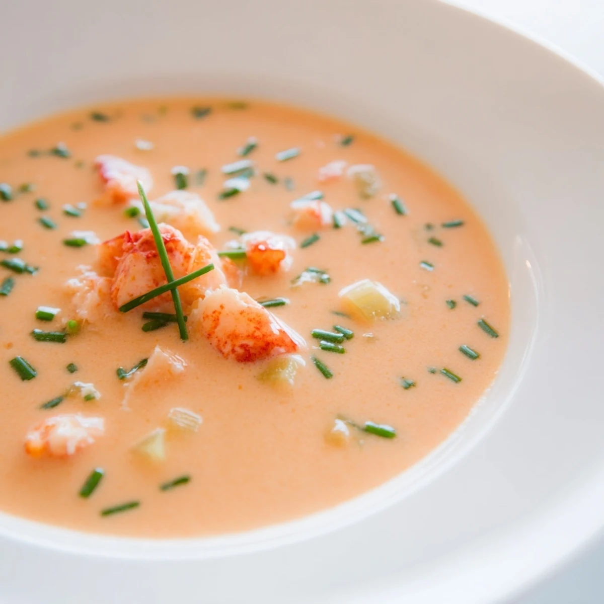 Steaming Creamy Lobster Bisque with Sherry Vinegar Substitute is poured from a ladle into a rustic bowl, revealing a smooth, luxurious texture and fragrant herbs on top.