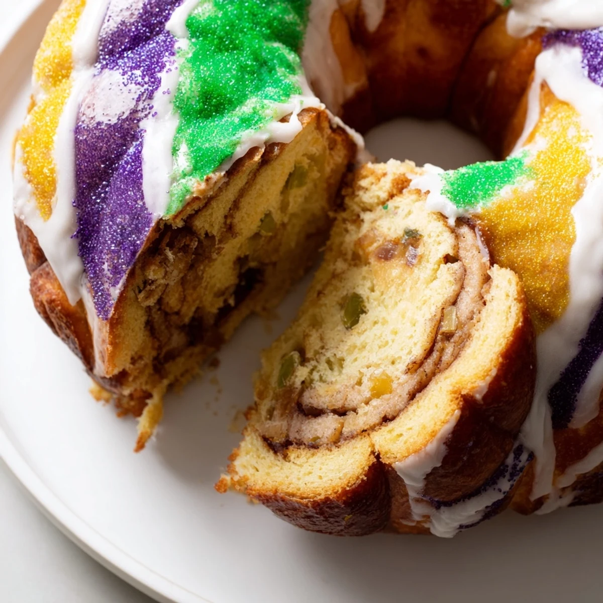 A freshly baked Mardi Gras King Cake with a sweet cinnamon swirl, topped with vibrant purple, green, and gold icing sugars.  