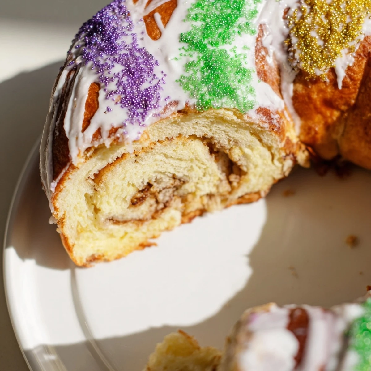 Festive Mardi Gras King Cake drizzled with white icing and showered in colorful sugars, ready for a New Orleans celebration.