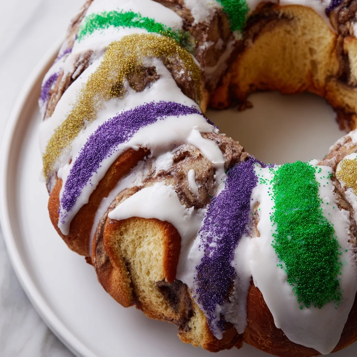 Golden, braided Mardi Gras King Cake sliced to reveal a warm cinnamon sugar swirl inside and glossy icing on top.  