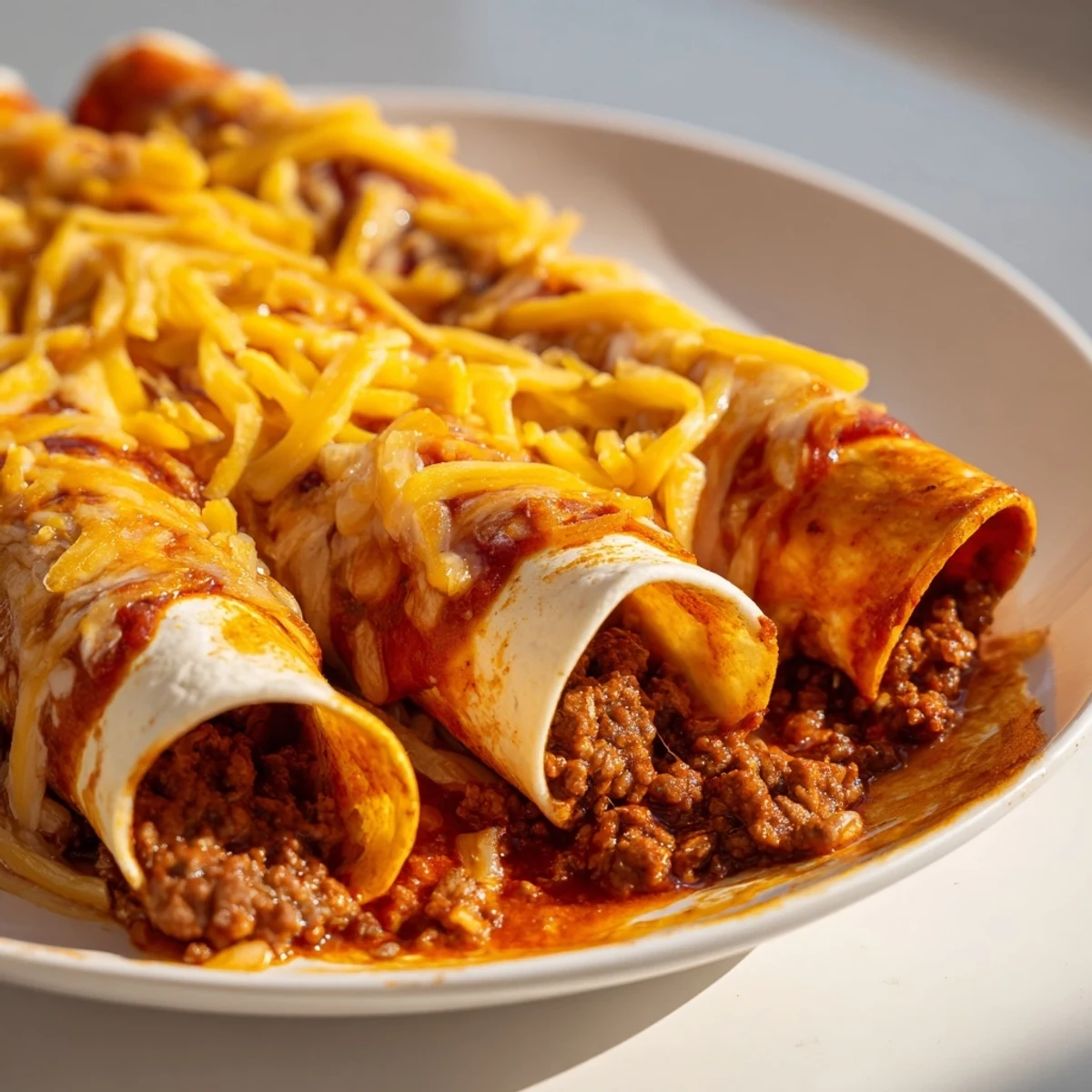 Freshly baked beef enchiladas with red sauce, melted cheese, and cilantro garnish, plated with lime wedges for a vibrant finish.  