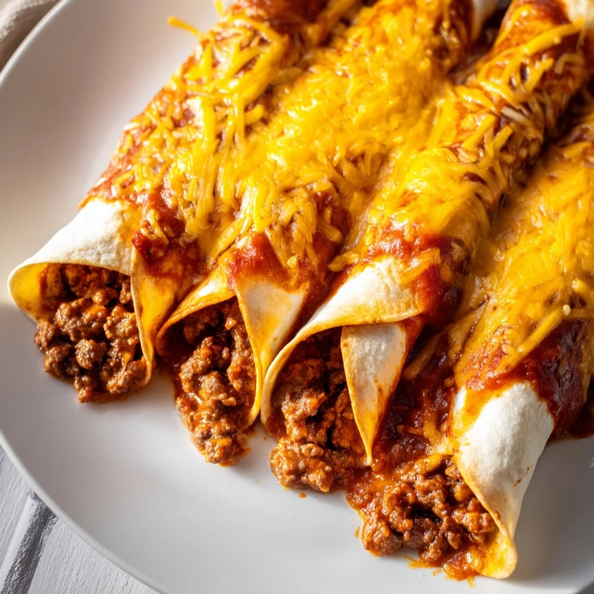 Homemade beef enchiladas with red sauce and cheese, baked until bubbling, served hot on a plate for a comforting meal.  