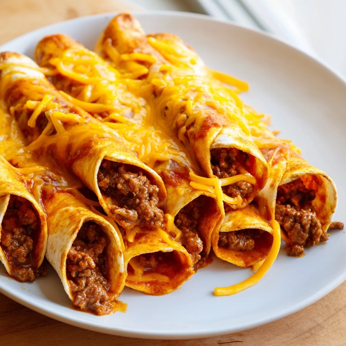 Golden baked beef enchiladas with red sauce and cheese, garnished with cilantro, served alongside avocado slices on a rustic table.