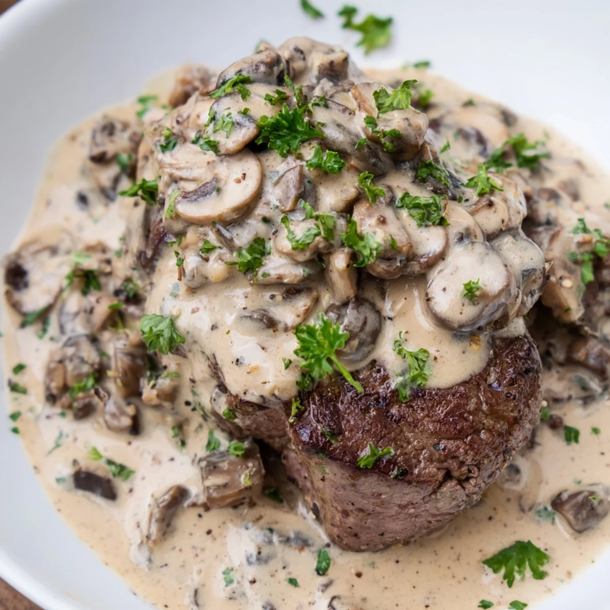 Golden-brown steak Diane with creamy mushroom sauce garnished with parsley on a white plate, showcasing a rich, velvety gravy and tender beef slices.