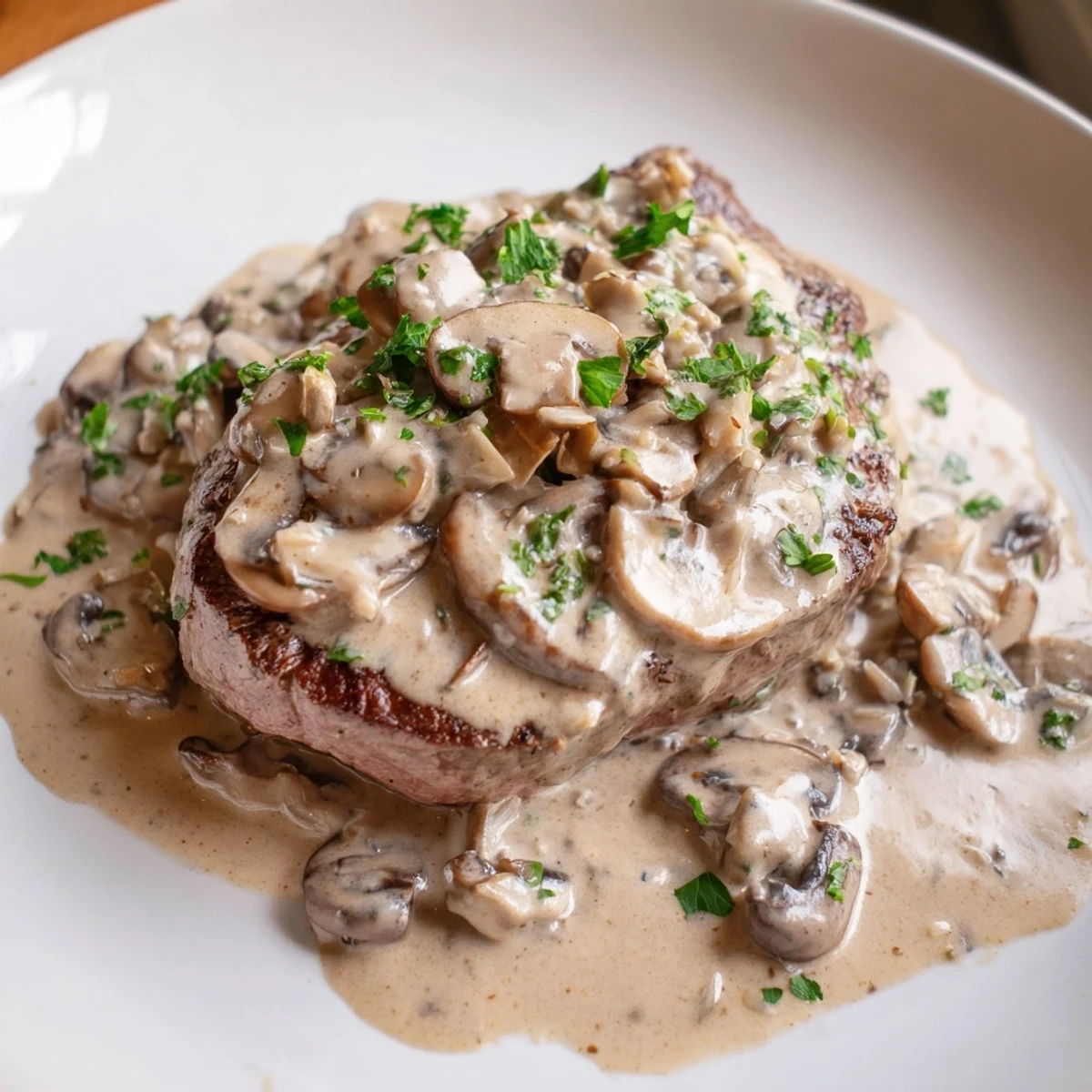 A plated serving of steak Diane featuring tender beef with creamy mushroom sauce, paired with mashed potatoes and fresh parsley for a cozy dinner.