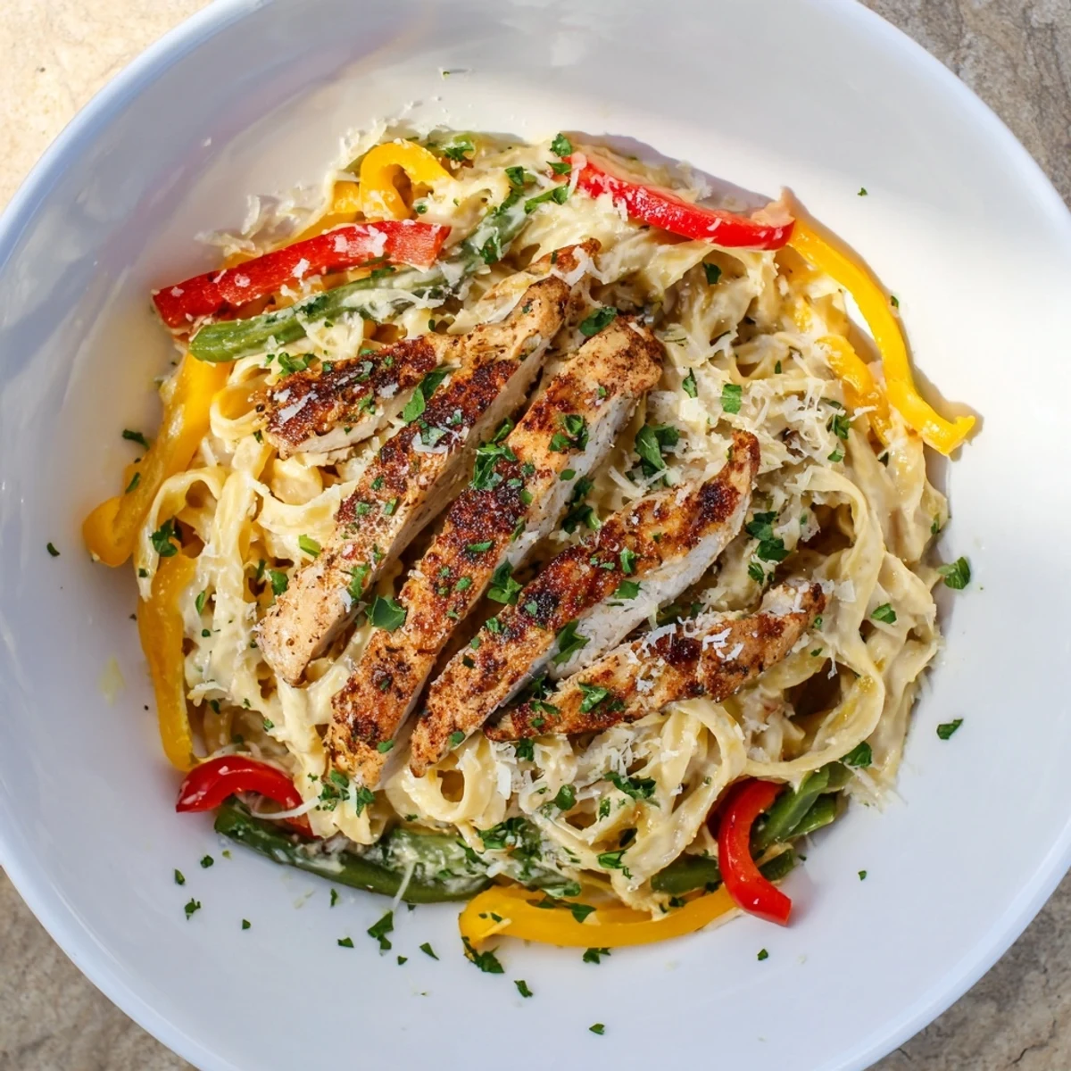 Freshly grilled Cajun chicken strips and vibrant tri-color bell peppers rest atop creamy fettuccine Alfredo.