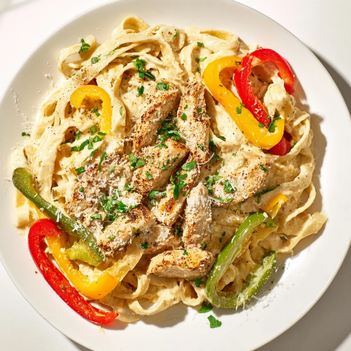 Spicy Cajun Chicken Alfredo dinner plated with golden pasta and fresh parsley garnish, ready to serve.