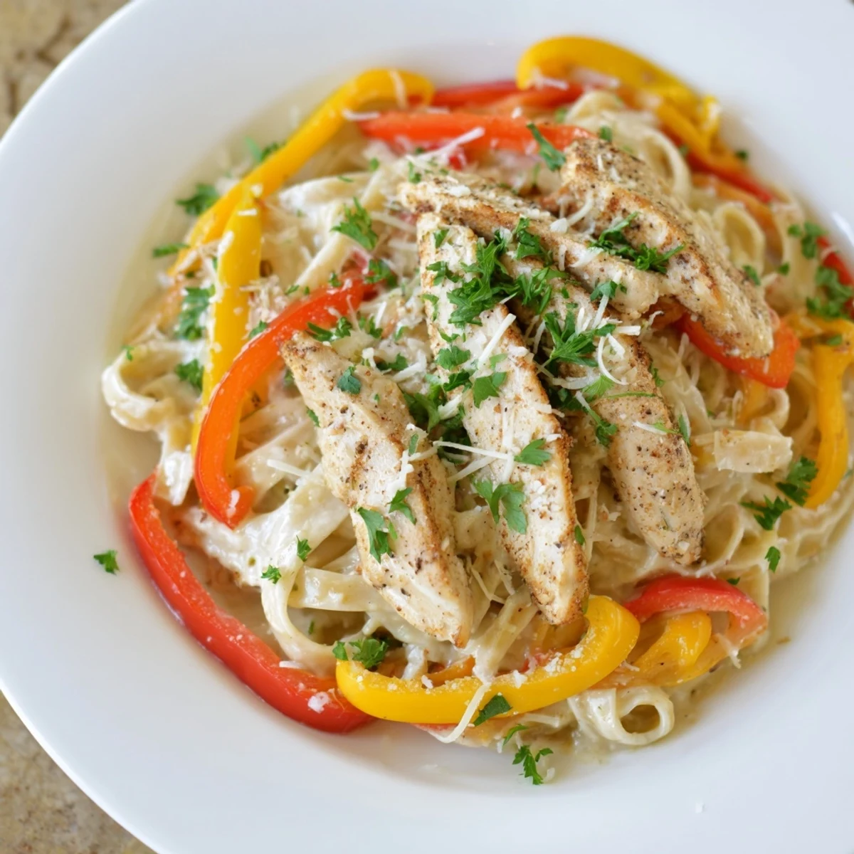 Creamy Cajun Chicken Alfredo pasta featuring tender chicken, colorful peppers, and rich Parmesan sauce.