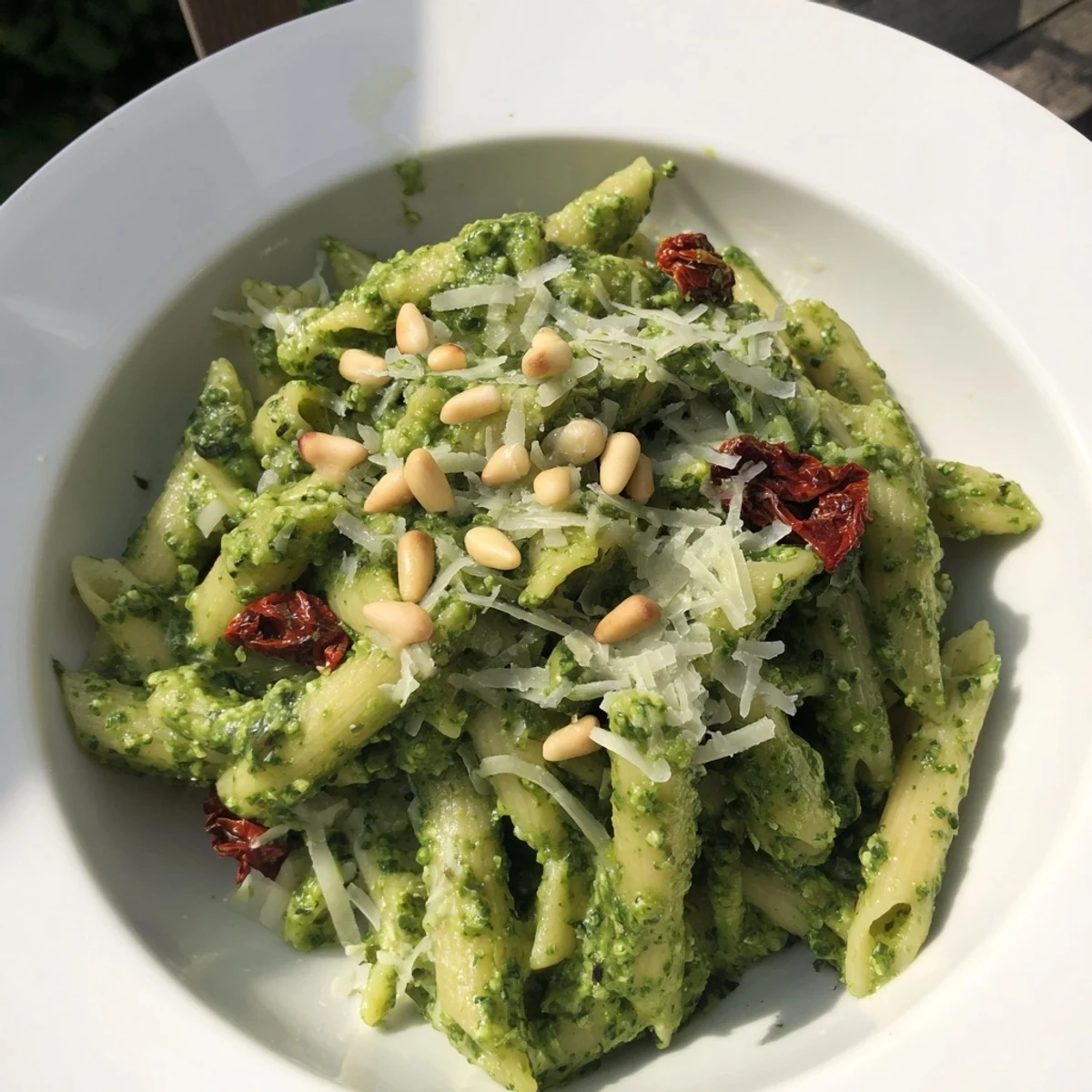 Vibrant green pesto pasta with sun-dried tomatoes garnished with toasted pine nuts and fresh basil.