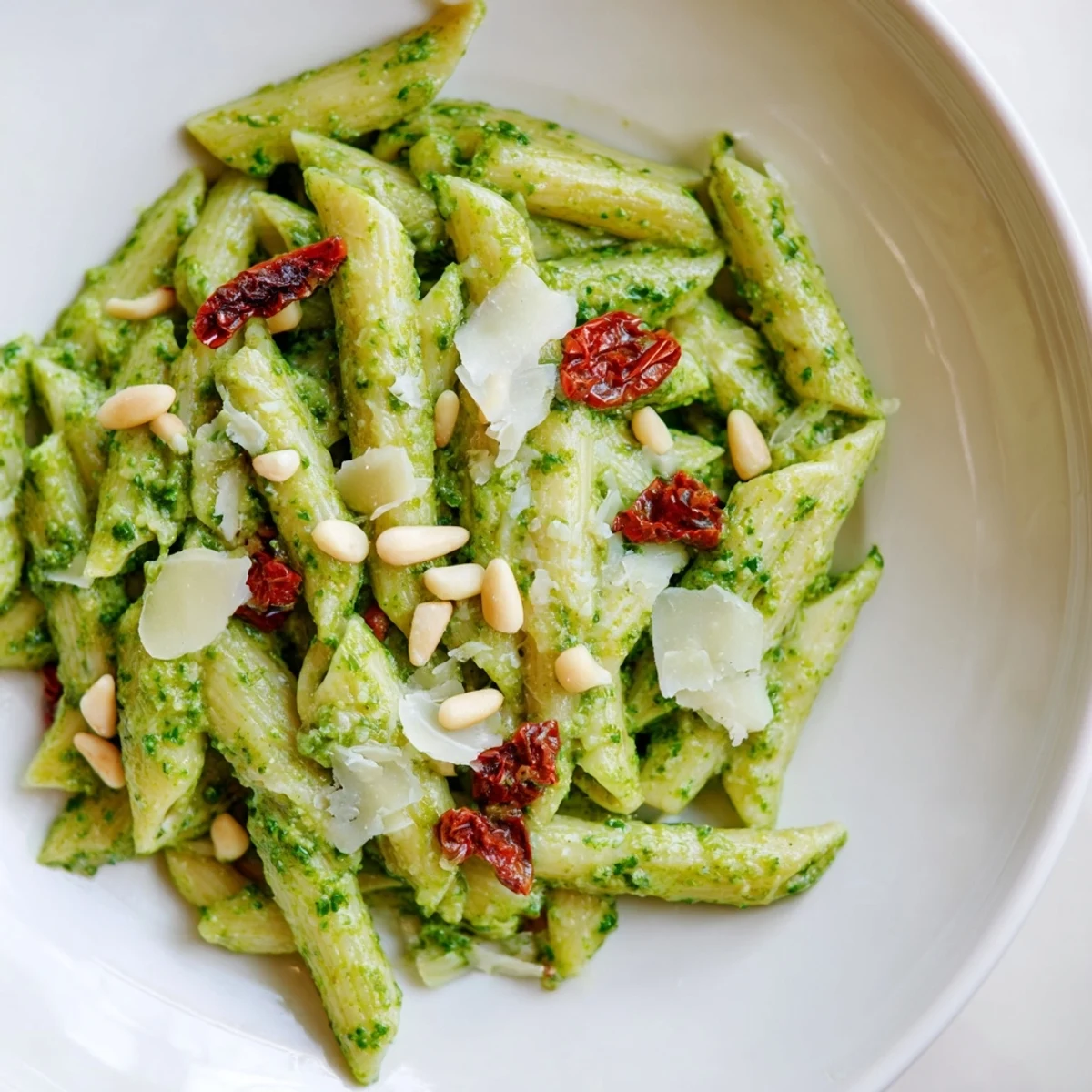 Steaming bowl of homemade green pesto pasta topped with grated Parmesan and vibrant sun-dried tomato slices.