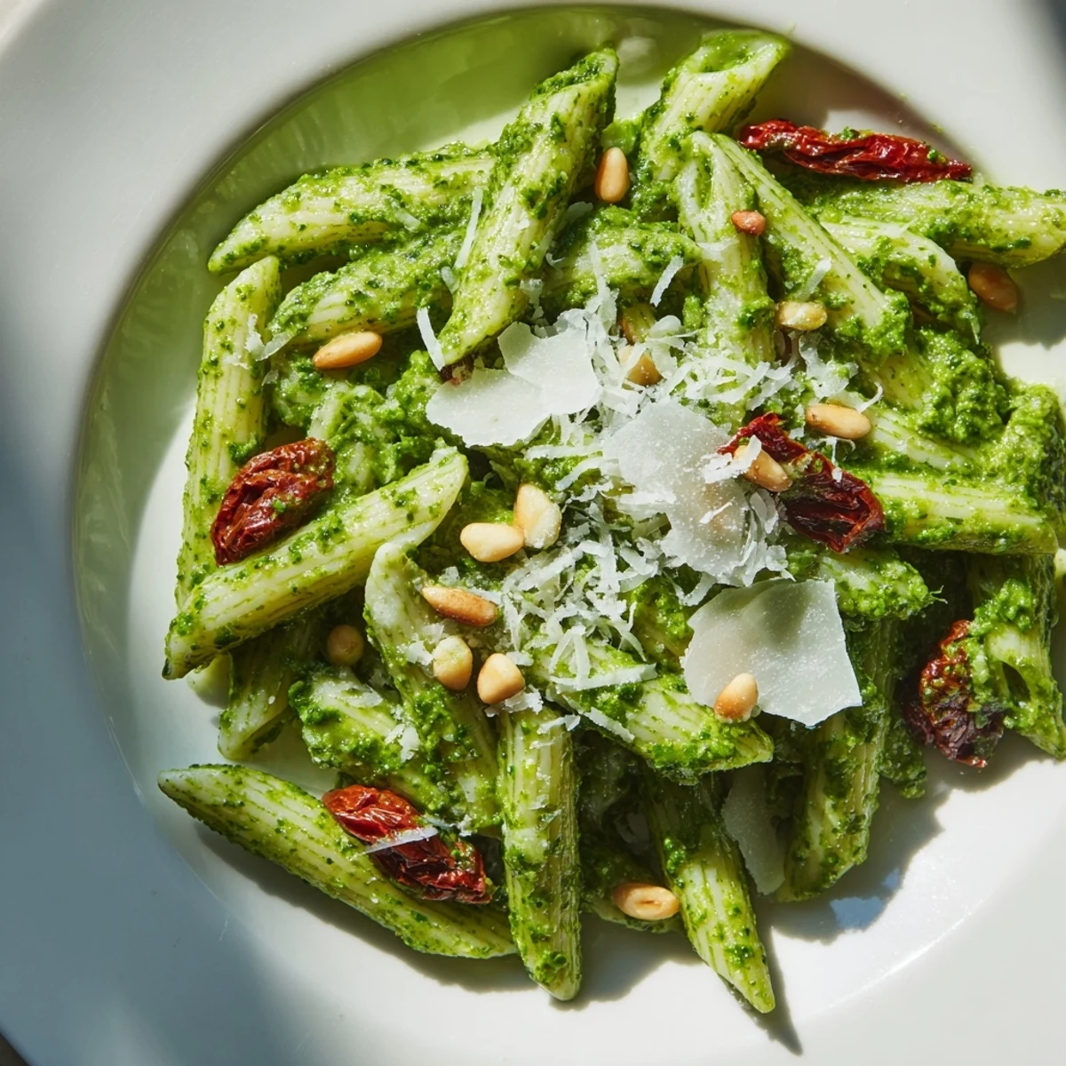 A close-up of creamy pesto-coated pasta with tangy sun-dried tomatoes, perfect for a quick vegetarian dinner.