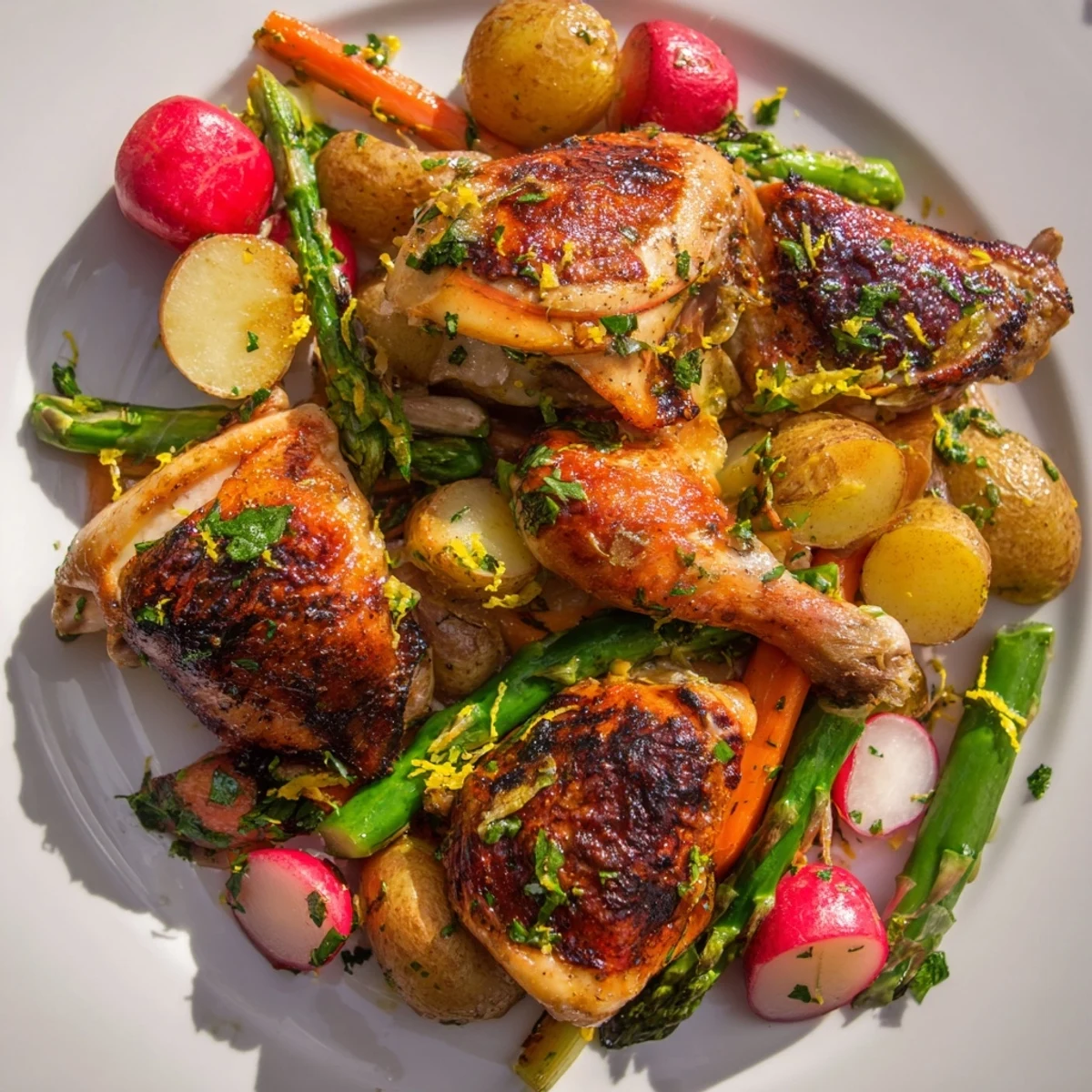 A juicy roasted chicken sits atop golden spring vegetables like asparagus and baby potatoes, garnished with fresh parsley and lemon zest for a vibrant, wholesome meal.  