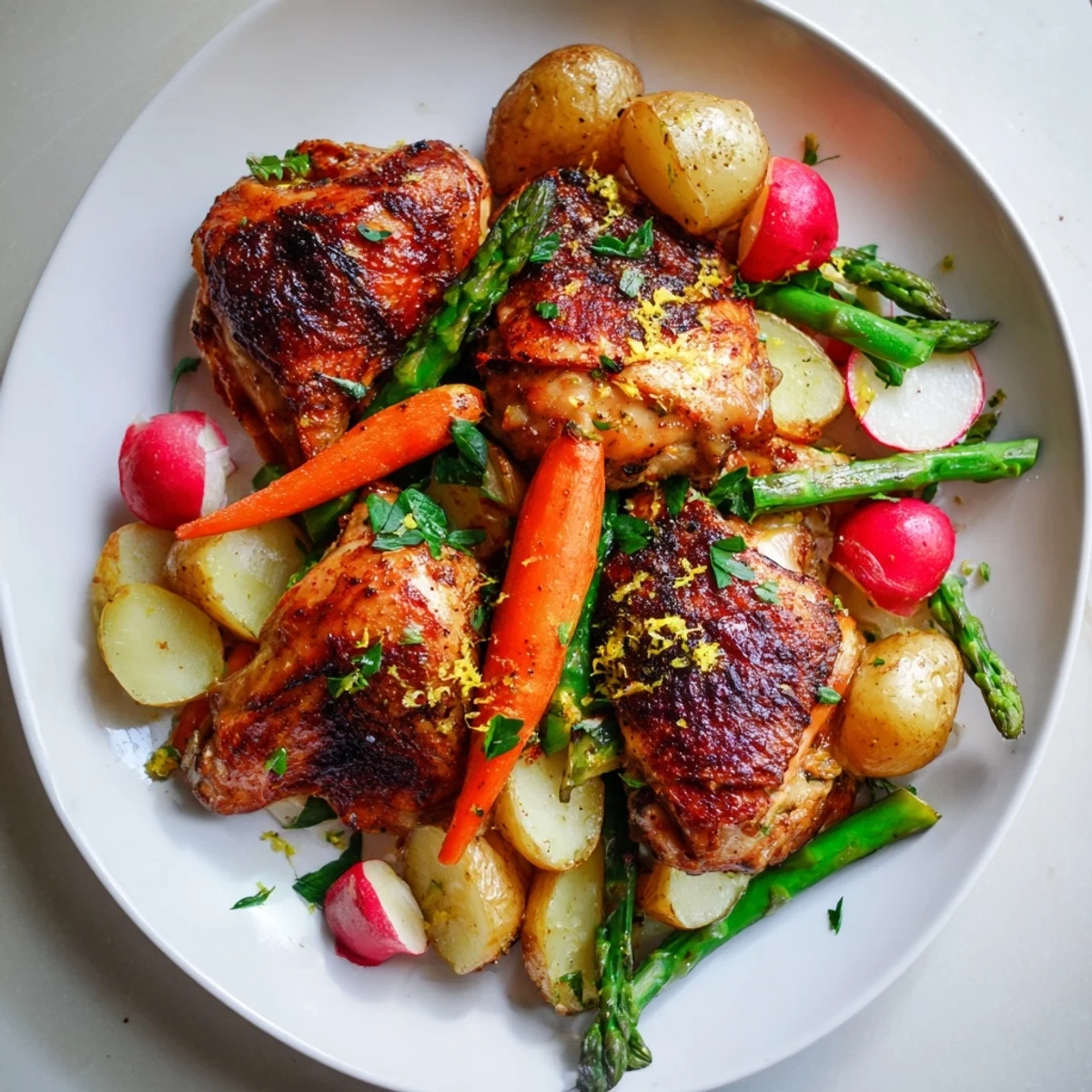 Golden-brown roasted chicken with colorful spring vegetables, glistening with herbs and lemon zest, ready to carve for a delicious weeknight feast.