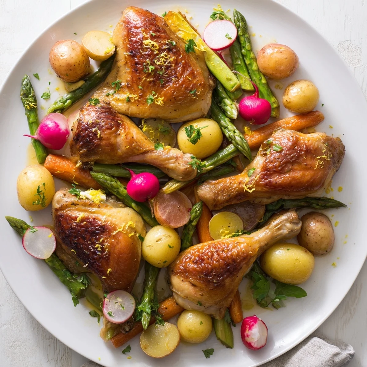A perfectly roasted chicken with tender spring vegetables—including asparagus, carrots, and radishes—served on a platter for a family-friendly dinner.  