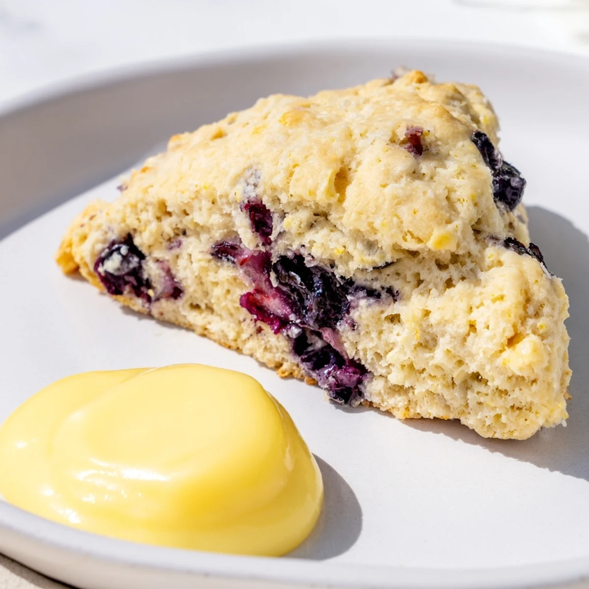 Golden Lemon Blueberry Scones with Lemon Curd are served warm on a rustic board, with a dollop of tangy curd and fresh berries beside them.