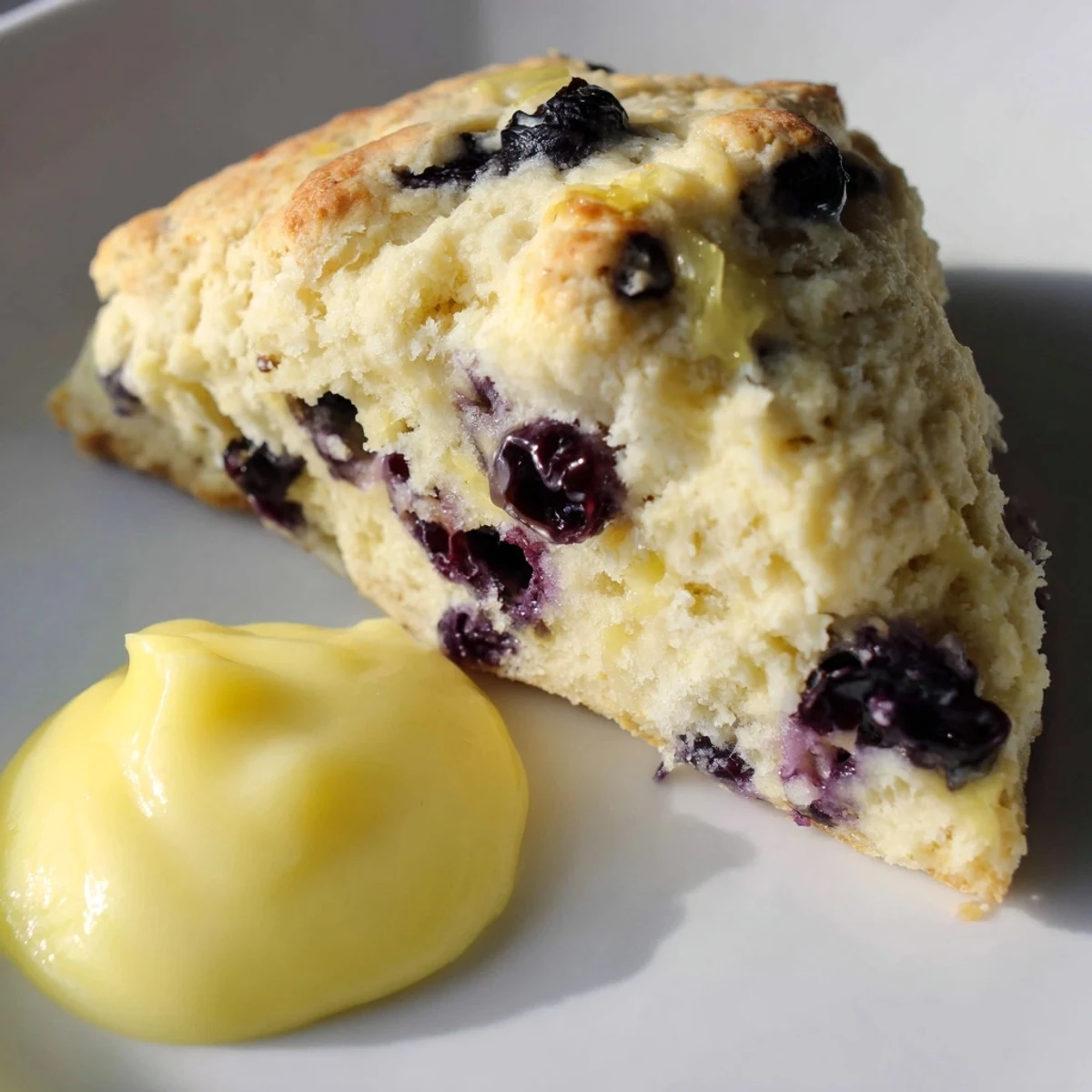 Freshly baked Lemon Blueberry Scones with Lemon Curd are plated with a knife, ready for a cozy breakfast or afternoon tea.