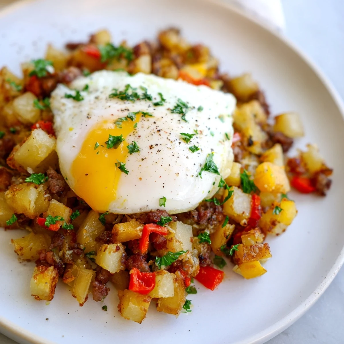 Golden crispy corned beef hash topped with a runny poached egg, served hot for breakfast.  