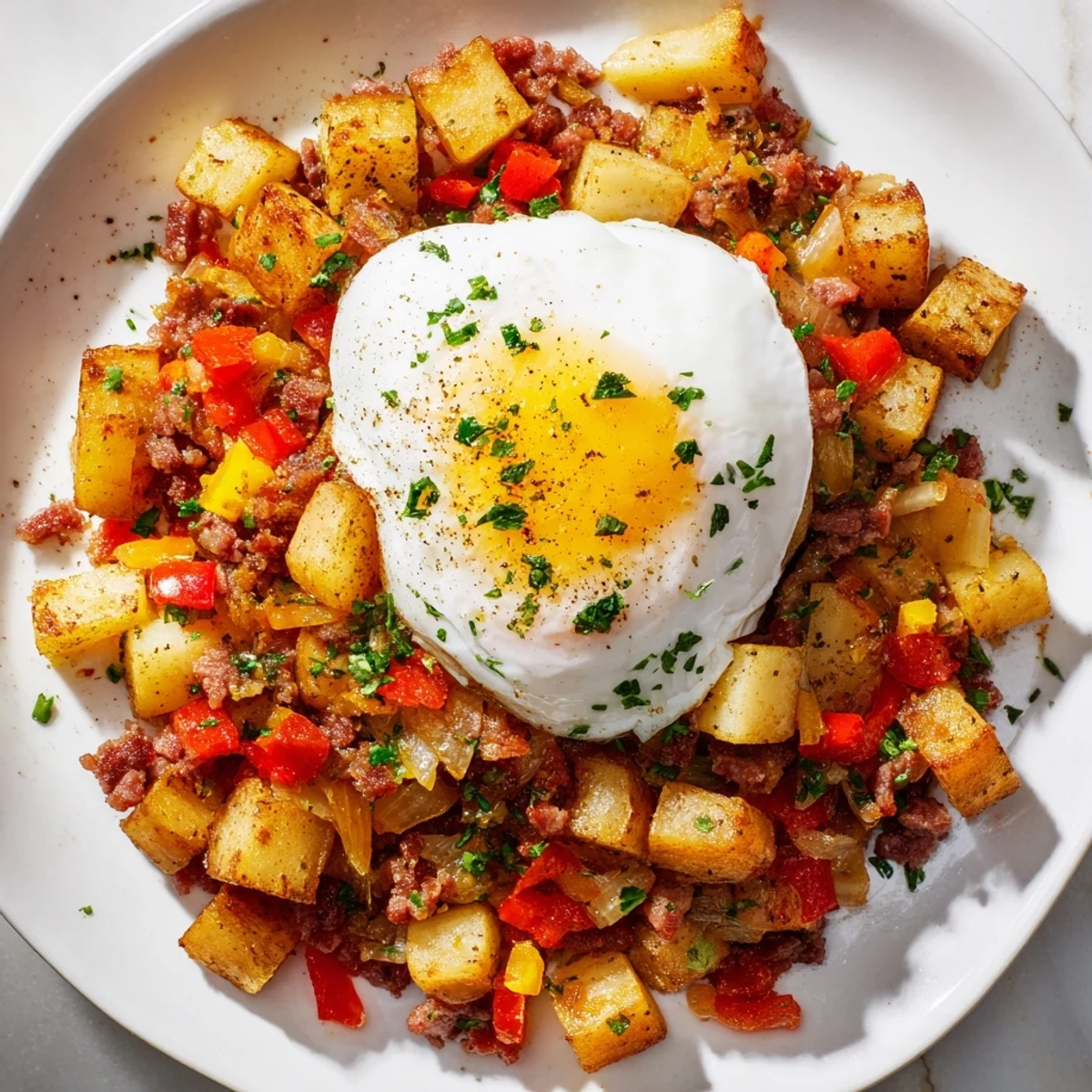 Classic American corned beef hash with poached eggs, garnished with fresh parsley on a plate.  