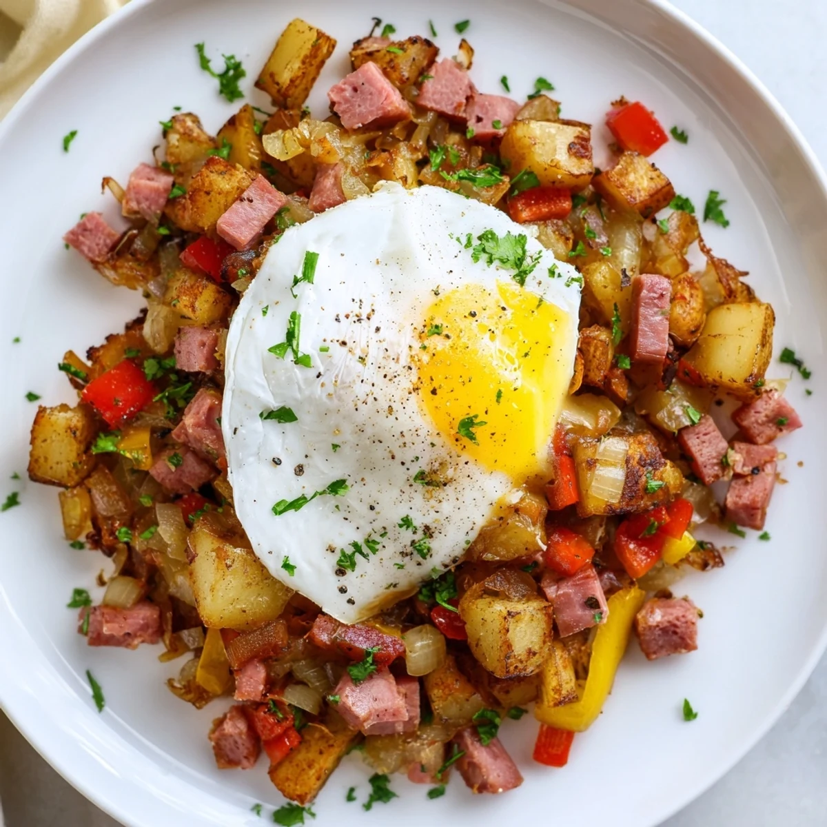 Savory breakfast skillet of corned beef hash and poached eggs, ready to serve with toast.
