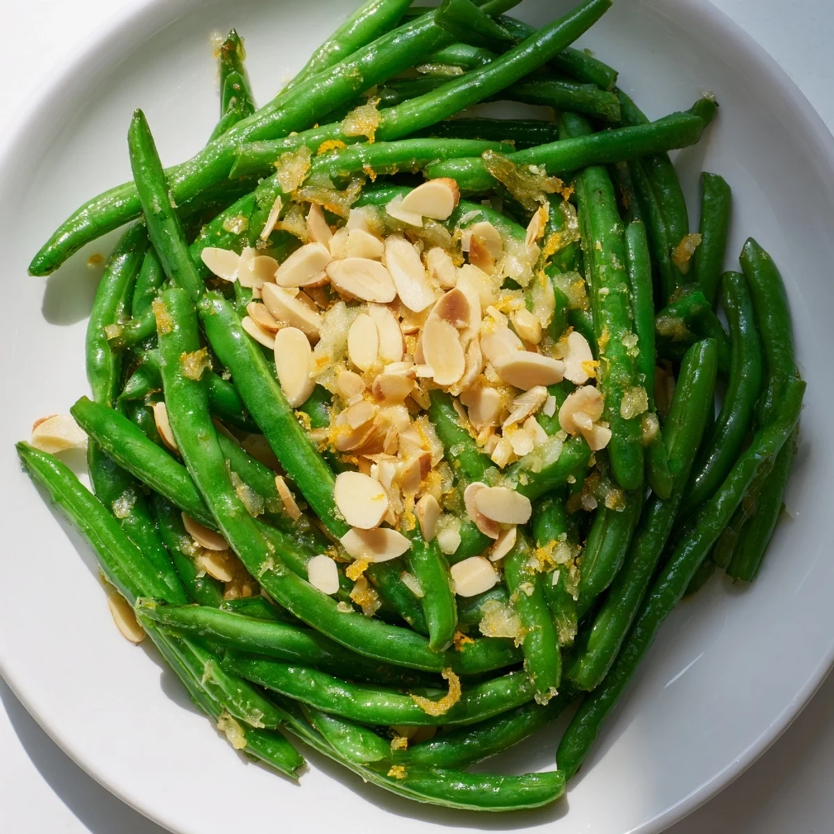 Bright green beans with toasted almonds and lemon zest on a white plate, garnished with fresh herbs for a vibrant side dish.